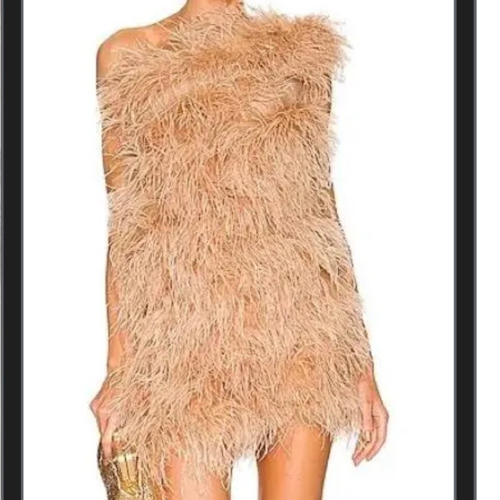 The Bar One-Shoulder Feather Mini Dress in Tan